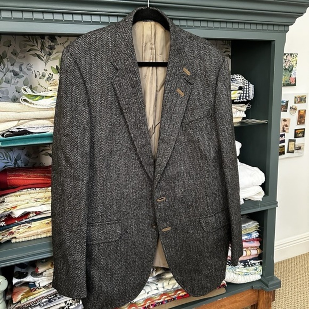 Daks Vtg Tweed‎ Jacket Mens Black 100% Wool Herringbone Blazer Leather Accents - Picture 3 of 14